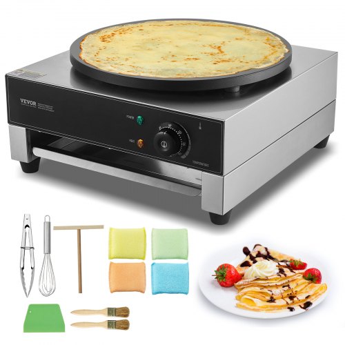 Elektrisk crêpemaskin, 16-tums kommersiell crêpemaskin, 3000W platt crêpe-stekplatta, non-stick pannkaksmaskin i rostfritt stål, rund pannkaksugn för flingor med temperaturkontroll och stationär design