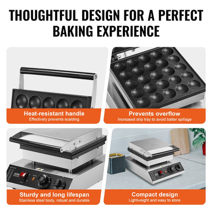 Mini holländsk pannkaksjärn, 25 st. Dorayaki-bagarmaskin med 43 mm diameter, 1700 W kommersiell elektrisk poffertjesgrill, non-stick rostfritt stål, temperatur- och tidskontroll, för hemmakök och restaurang