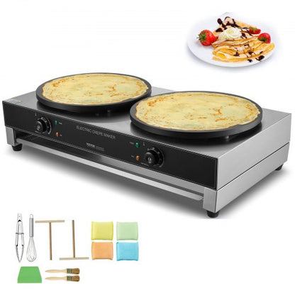Elektrisk crêpemaskin, 16-tums kommersiell crêpemaskin med dubbla huvuden, 3400W platt crêpe-stekplatta, non-stick pannkaksugn i rostfritt stål, rund pannkaksugn för flingor på skrivbordet, temperaturkontroll