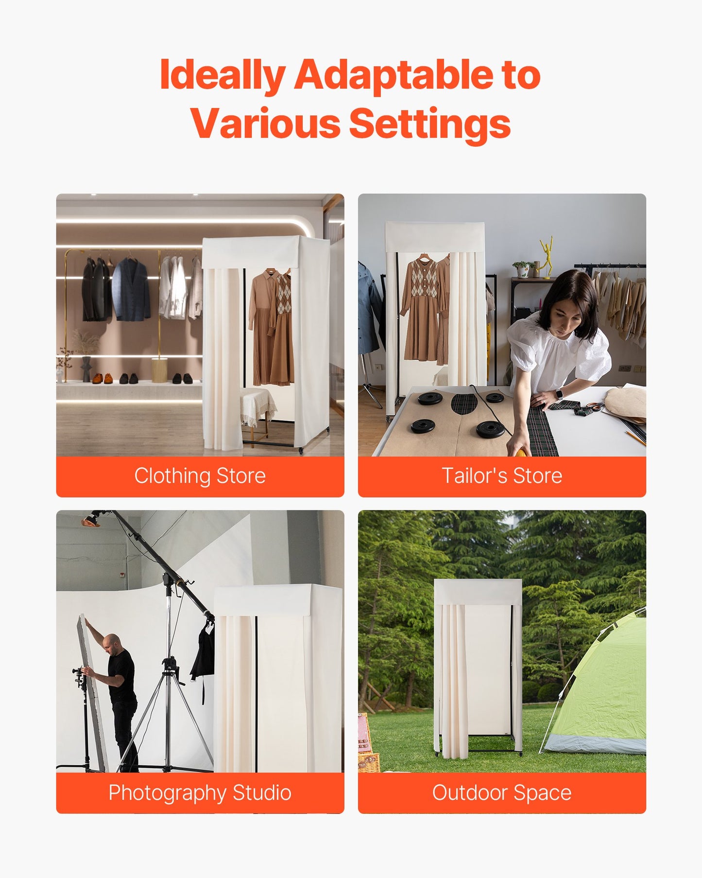 Fitting Room, Moveable Dressing Room with Thick Curtains, Privacy Space with Casters and a Sturdy Metal Hook, for Boutique, Mall, Tailor's Store & Outdoor (99 x 99 x 204.5 cm, Black and Beige)