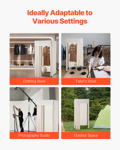 Fitting Room, Moveable Dressing Room with Thick Curtains, Privacy Space with Casters and a Sturdy Metal Hook, for Boutique, Mall, Tailor's Store & Outdoor (99 x 99 x 204.5 cm, Black and Beige)