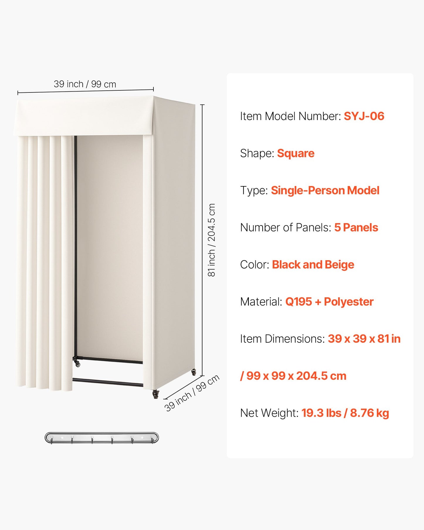 Fitting Room, Moveable Dressing Room with Thick Curtains, Privacy Space with Casters and a Sturdy Metal Hook, for Boutique, Mall, Tailor's Store & Outdoor (99 x 99 x 204.5 cm, Black and Beige)