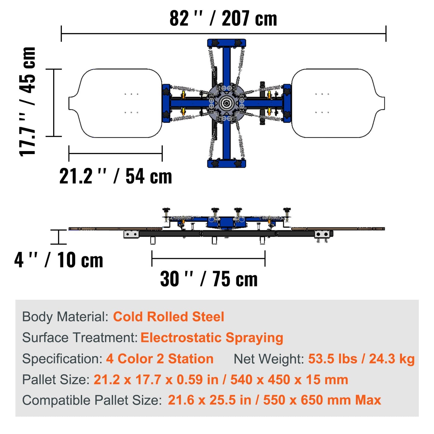 Screentrycksmaskin, 4-färgs 2-stations 360° roterbar silkscreentryckspress, 21,2x17,7 tum / 54x45 cm screentryckspress, dubbelskiktad positioneringspall för T-shirt DIY-tryck