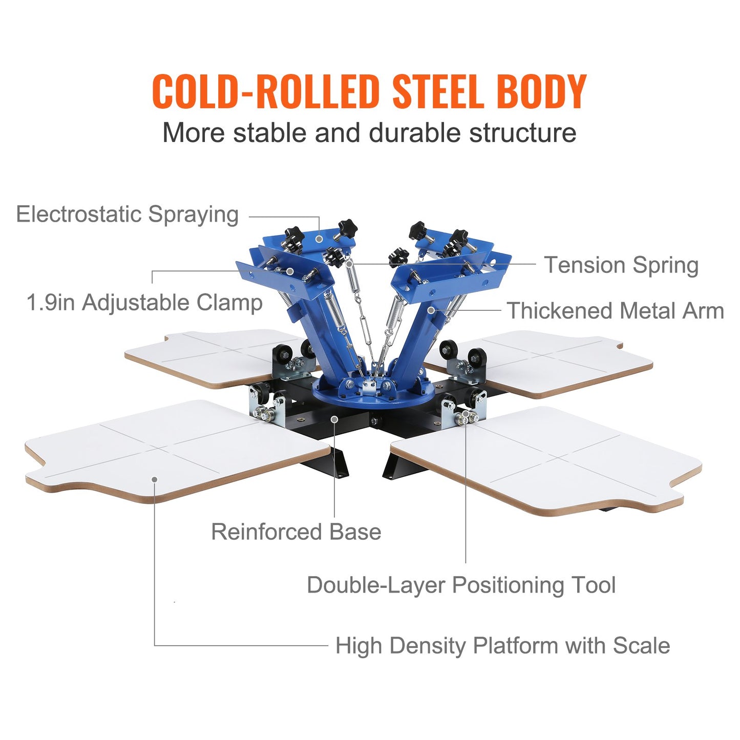 Screentrycksmaskin, 4 färger, 4 stationer, 360° roterbar silkscreentryckspress, 21,2x17,7 tum / 54x45 cm screentryckspress, dubbelskiktad positioneringspall för T-shirt DIY-tryck