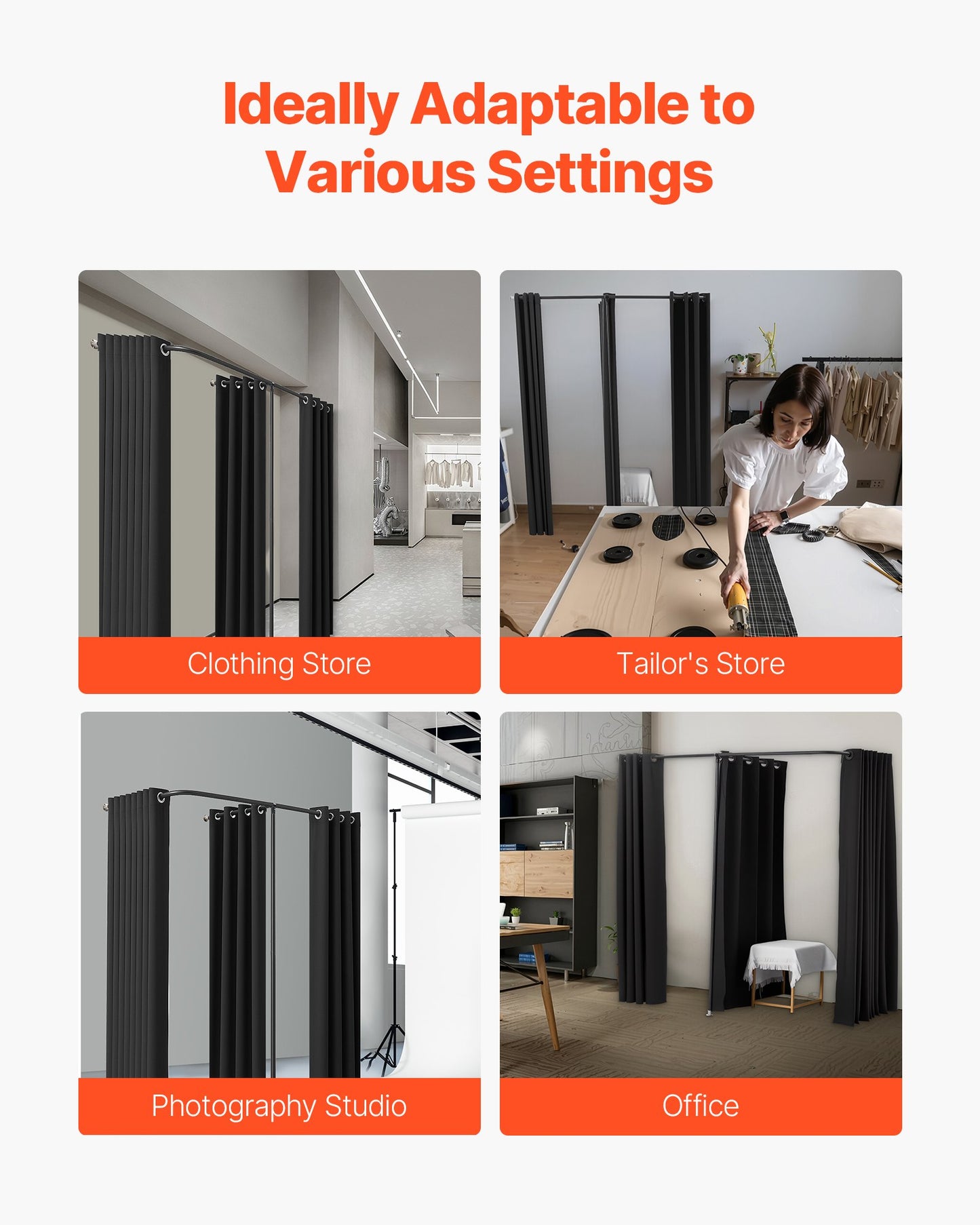 Fitting Room, Portable Changing Room with Thick Polyester Curtains, Double Dressing Rooms with Partition Curtains, for Boutique, Mall, Studio, Tailor's Store & Office 200 x 100 x 200 cm (Black)