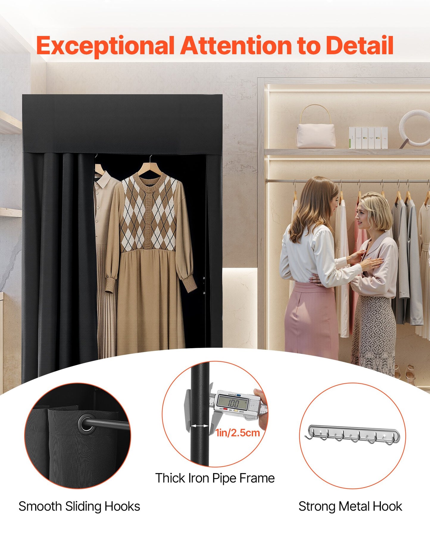 Fitting Room, Portable Dressing Room with Thick Polyester Curtains, Privacy Space with Shading Curtain and a Hook, for Boutique, Mall, Tailor's Store & Outdoor Activity 99 x 99 x 198 cm (Black)