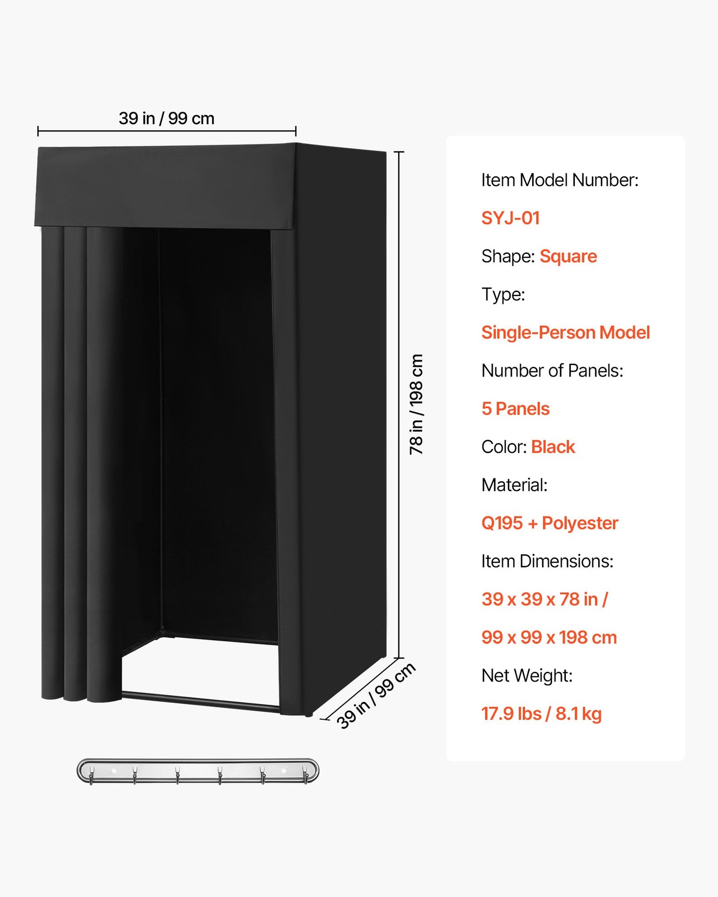 Fitting Room, Portable Dressing Room with Thick Polyester Curtains, Privacy Space with Shading Curtain and a Hook, for Boutique, Mall, Tailor's Store & Outdoor Activity 99 x 99 x 198 cm (Black)