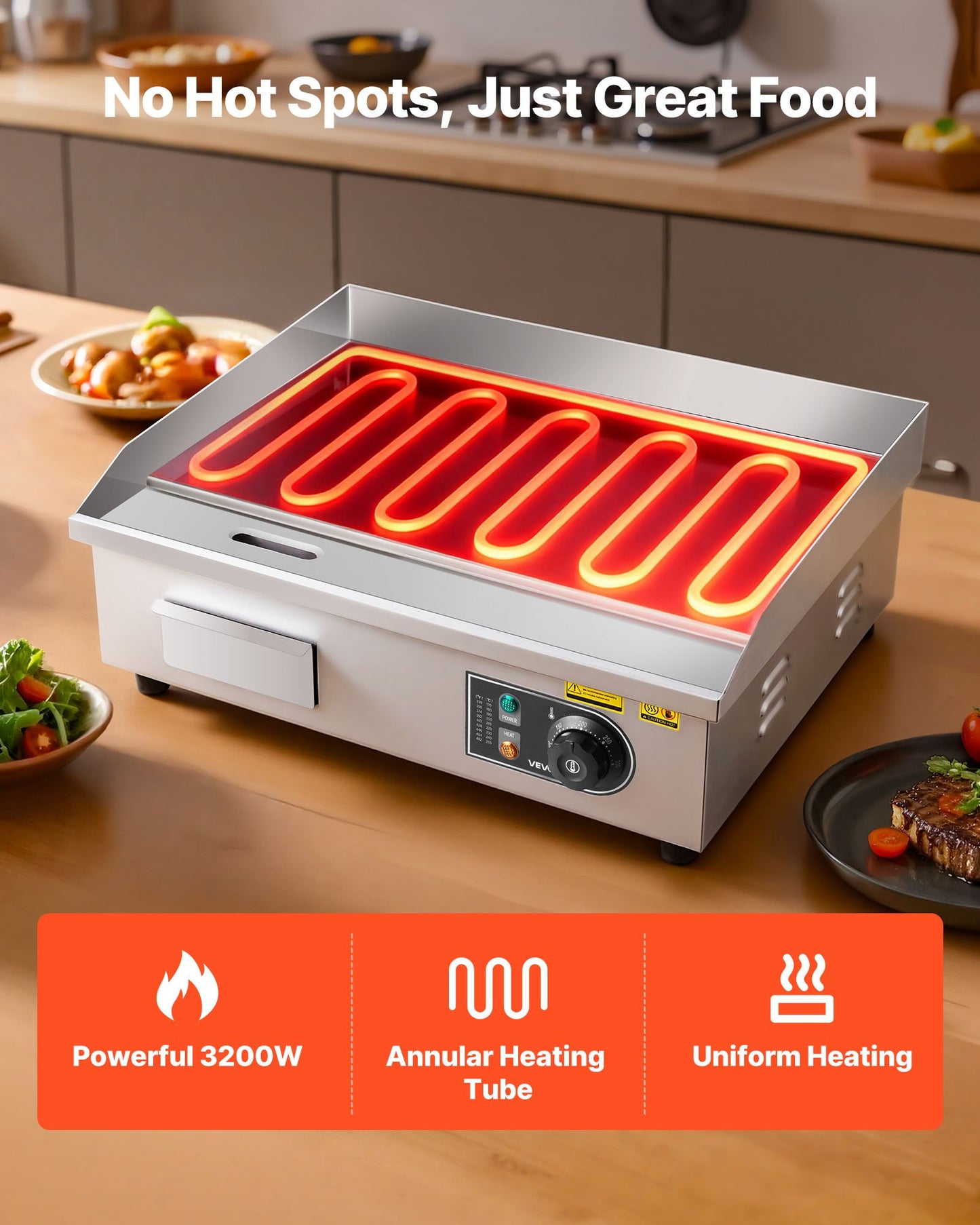 Kommersiell elektrisk stekpanna, 535 x 300 mm, 3200 W, 50-300 °C justerbar temperaturkontroll, rostfri bänkgrill med platt topp, 2 spatlar, 2 borstar och 4 fotplattor, för biff, pannkaka