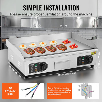 Kommersiell elektrisk stekhäll, 4000W platt grill för bänkskiva, 122℉-572 ℉ justerbar temperatur, 25,98 x 15,75 x 0,39 tum stekhäll i rostfritt stål med 2 spadar och 2 borstar för hemmet eller restaurangen