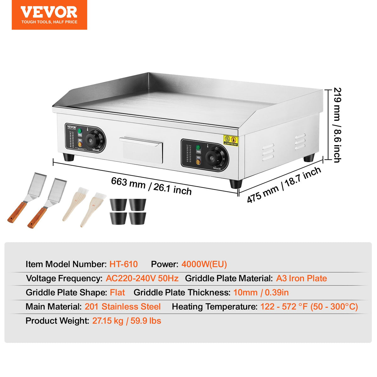 Kommersiell elektrisk stekhäll, 4000W platt grill för bänkskiva, 122℉-572 ℉ justerbar temperatur, 25,98 x 15,75 x 0,39 tum stekhäll i rostfritt stål med 2 spadar och 2 borstar för hemmet eller restaurangen