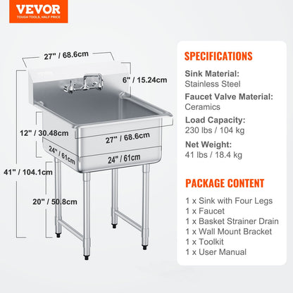 Stainless Steel Prep & Utility Sink, 1 Compartment Free Standing Small Sink Include Faucet & legs, 27"x41" Commercial Single Bowl Sinks for Garage, Restaurant, Kitchen, Laundry