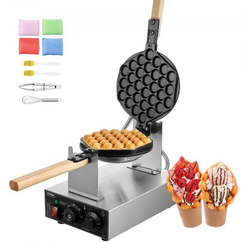 Kommersiell bubbelvåffeljärn, 1400W äggpannkaksmaskin, non-stick äggbubbelpuff i rostfritt stål, 180° roterbar, temperatur- och tidskontroll, trähandtag, för restaurangbageri och snackbar
