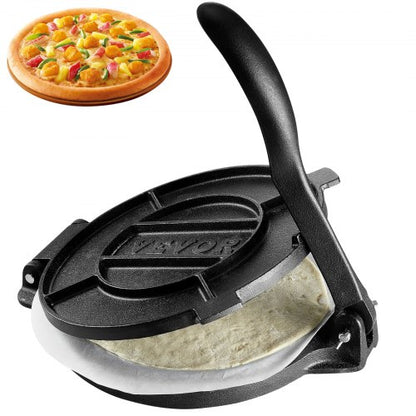 Tortillapress, 25 cm tortilla- och rotimaskin, kraftig tortilladorapress i gjutjärn, förkryddat pataconera-maskiner med 100 st bakplåtspapper, degmaskin för mjöltortilla, Tawa, silver
