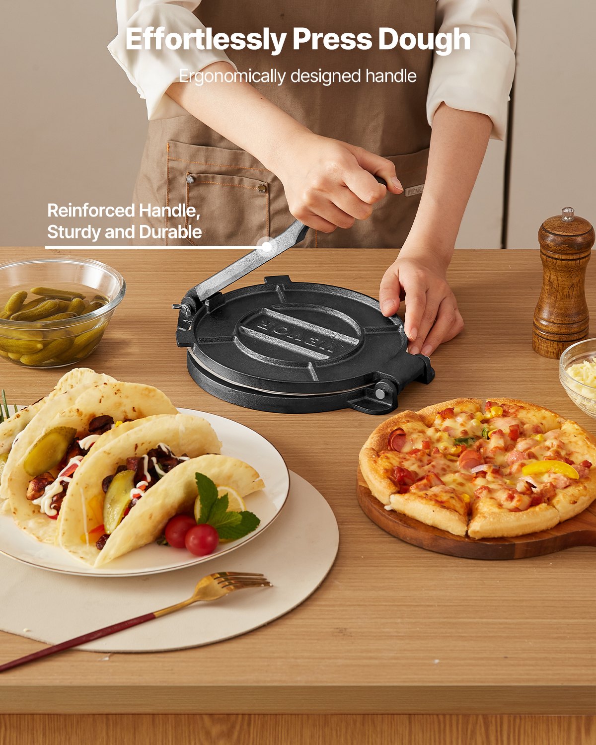 Tortillapress, 25 cm gjutjärnstortilla- och rotimaskin, kraftig tortilladorapress, pataconera-maskiner med handtag och 100 st bakplåtspapper, degtacopress för mjöltortilla, tawa