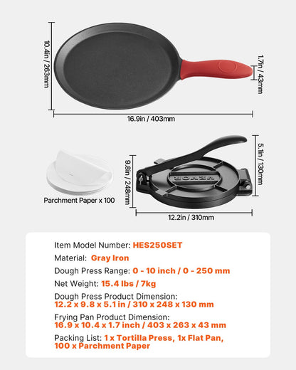 Tortillapress, 25 cm gjutjärnstortilla- och rotimaskin, kraftig tortilladorapress, pataconera-maskiner med handtag och 100 st bakplåtspapper, degtacopress för mjöltortilla, tawa