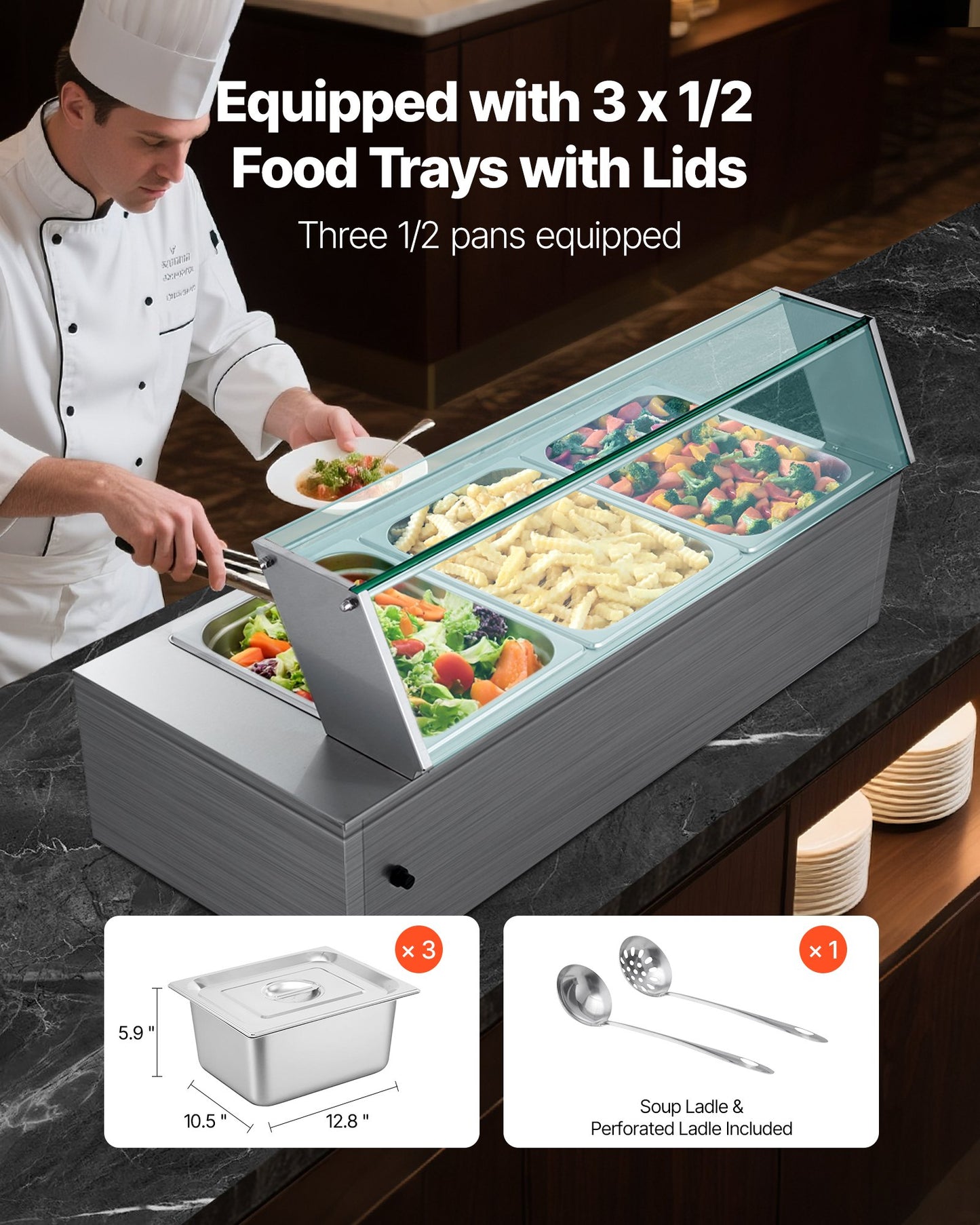 Kommersiell matvärmare, 1500W elektrisk ångvärmare i rostfritt stål med glaslock, 3-pannors bänkbuffé med vattenbad, soppa och perforerade slevar, för catering, restaurang och fest