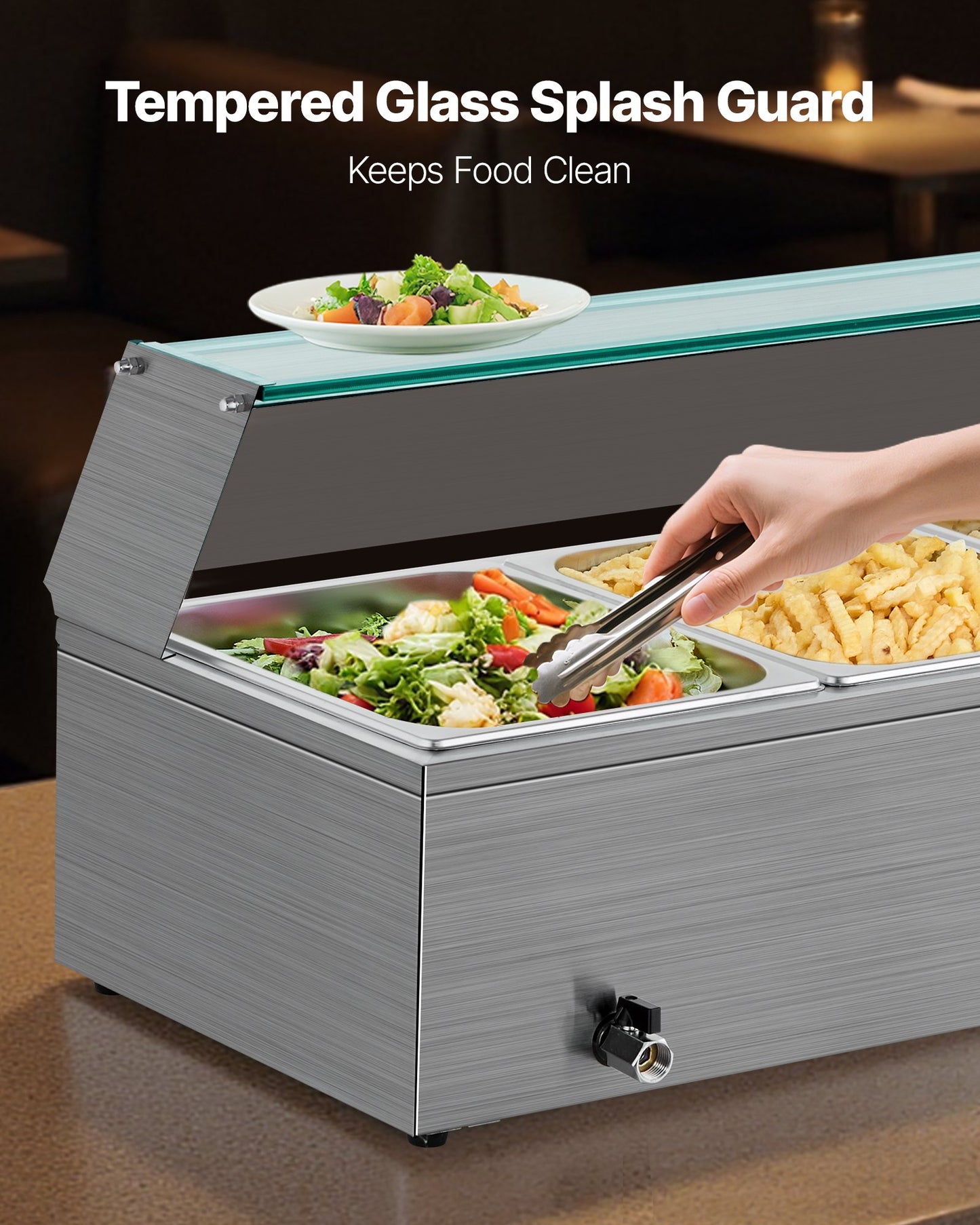 Kommersiell matvärmare, 1500W elektrisk ångvärmare i rostfritt stål med glaslock, 3-pannors bänkbuffé med vattenbad, soppa och perforerade slevar, för catering, restaurang och fest