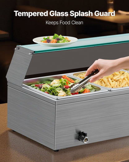 Kommersiell matvärmare, 1500W elektrisk ångvärmare i rostfritt stål med glaslock, 3-pannors bänkbuffé med vattenbad, soppa och perforerade slevar, för catering, restaurang och fest