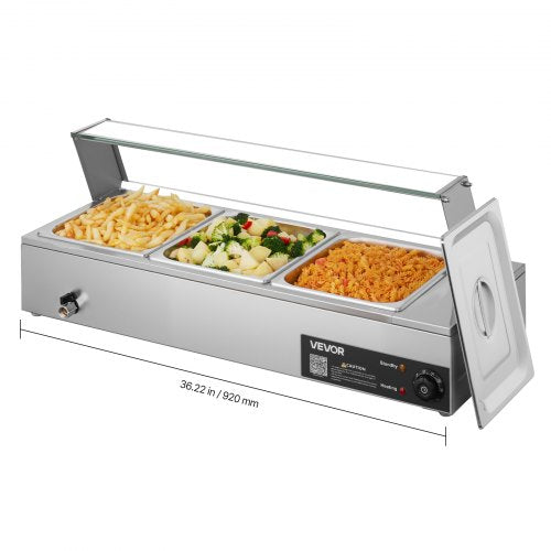 Commercial Food Warmer, 1500W Electric Stainless Steel Steam Food Warmer with Glass Cover, Countertop Buffet Bain Marie with Three 1/2 Size Food Pans, for Catering, Restaurant, Party & Buffets