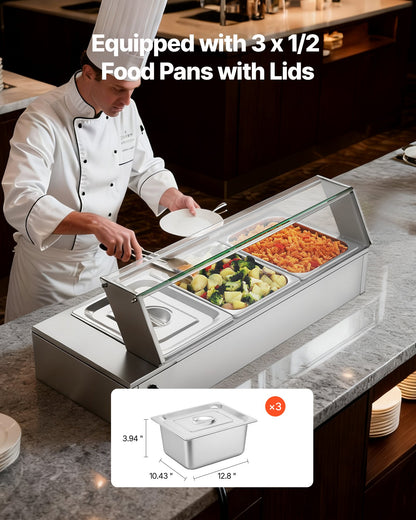 Commercial Food Warmer, 1500W Electric Stainless Steel Steam Food Warmer with Glass Cover, Countertop Buffet Bain Marie with Three 1/2 Size Food Pans, for Catering, Restaurant, Party & Buffets