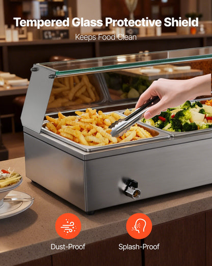 Commercial Food Warmer, 1500W Electric Stainless Steel Steam Food Warmer with Glass Cover, Countertop Buffet Bain Marie with Three 1/2 Size Food Pans, for Catering, Restaurant, Party & Buffets