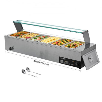 Kommersiell matvärmare, 1500W elektrisk ångvärmare i rostfritt stål med glaslock, 6 x 1/3-pannor, buffé, bain-marie med soppa och perforerade slevar, för catering, restaurang och fest