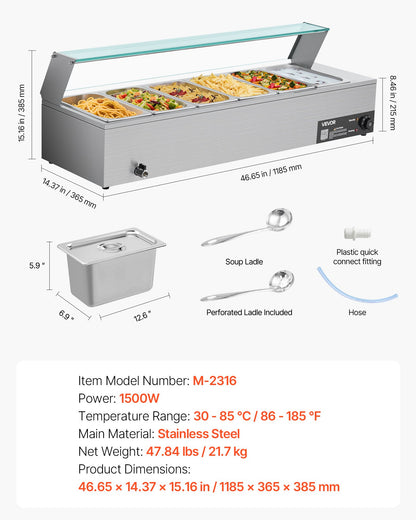 Kommersiell matvärmare, 1500W elektrisk ångvärmare i rostfritt stål med glaslock, 6 x 1/3-pannor, buffé, bain-marie med soppa och perforerade slevar, för catering, restaurang och fest
