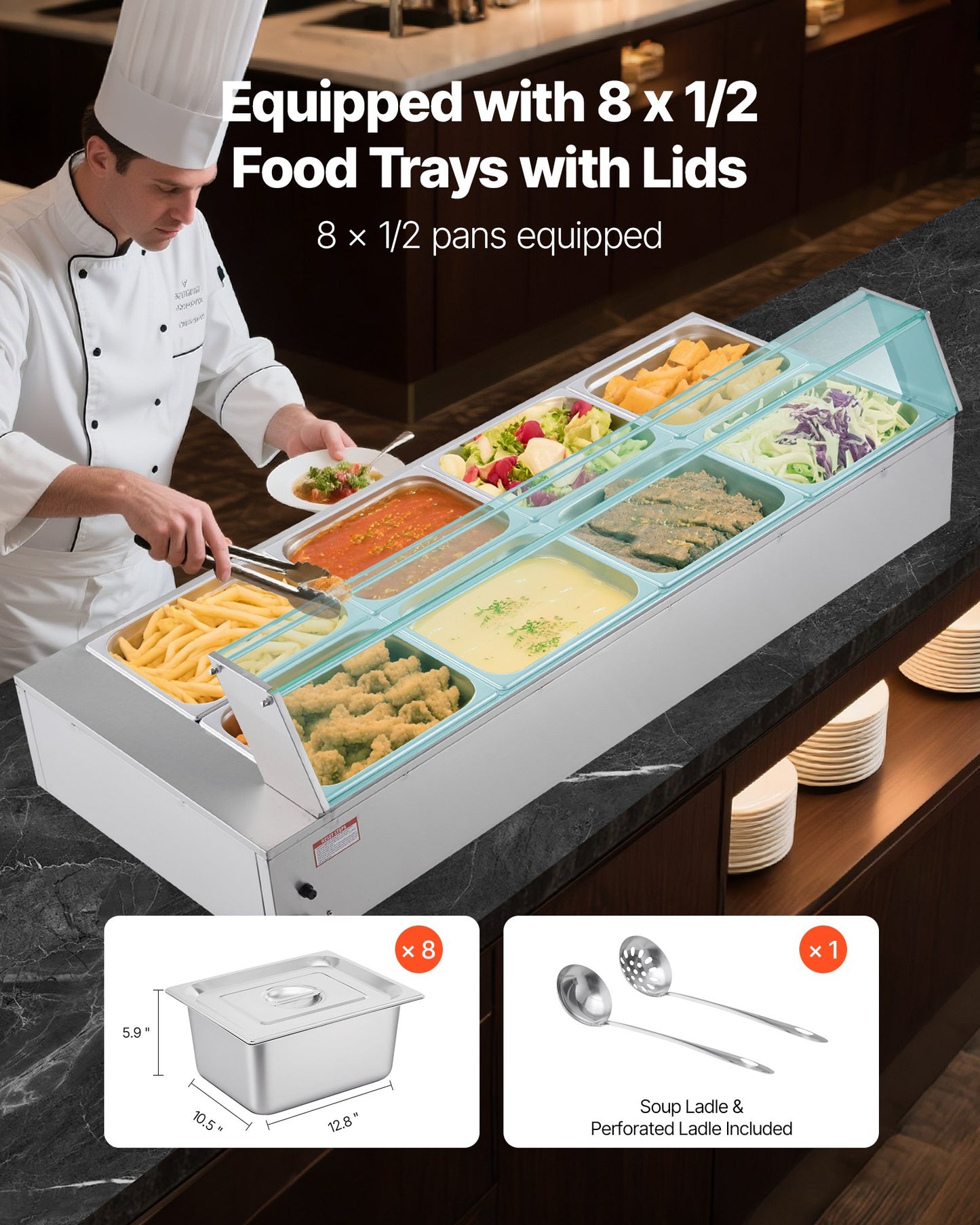 Kommersiell matvärmare, 1700W elektrisk ångvärmare i rostfritt stål med glaslock, bänkskiva med 8 bänkskivor, buffé med vattenbad, soppa och perforerade slevar, för catering, restaurang och fester