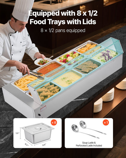 Kommersiell matvärmare, 1700W elektrisk ångvärmare i rostfritt stål med glaslock, bänkskiva med 8 bänkskivor, buffé med vattenbad, soppa och perforerade slevar, för catering, restaurang och fester