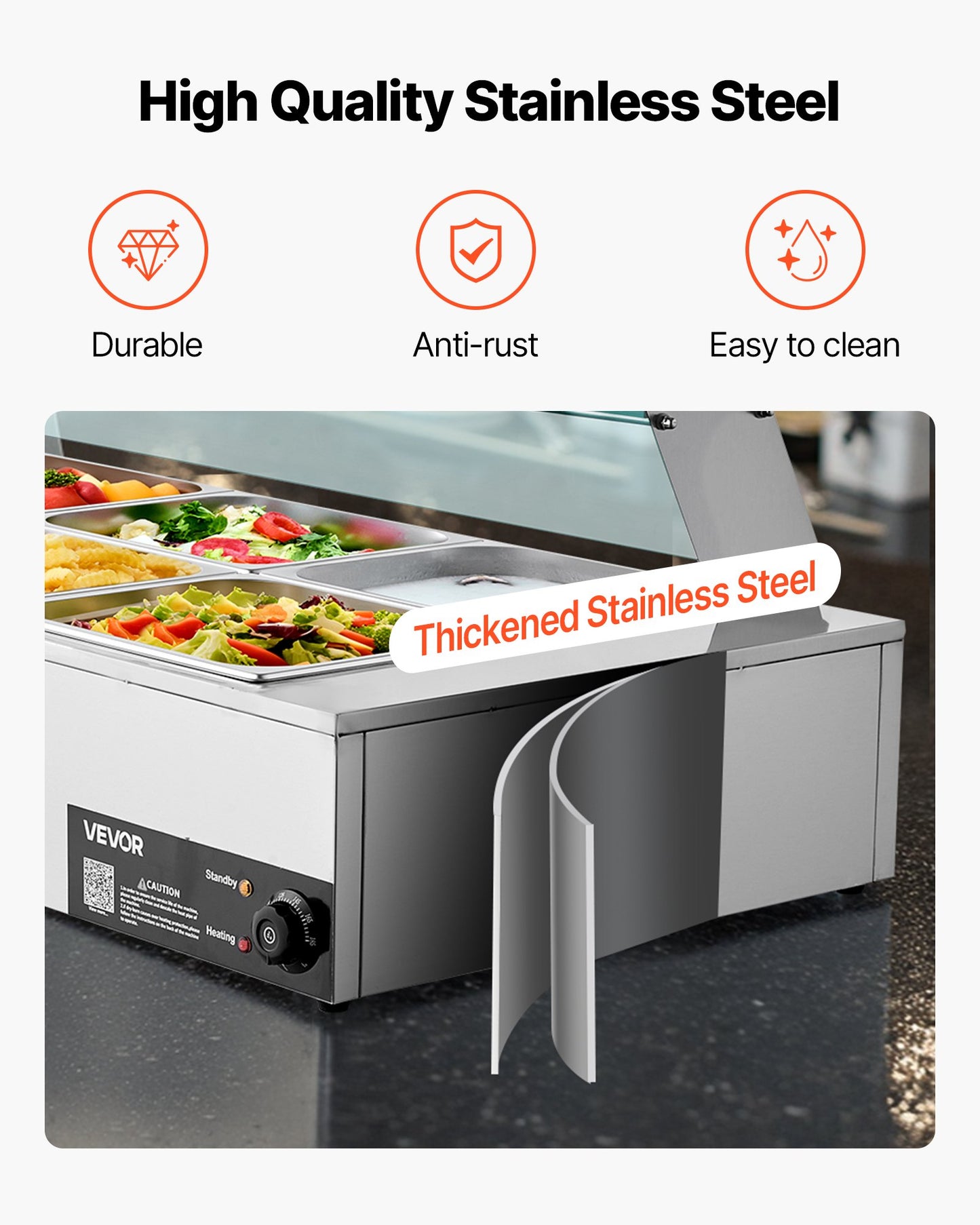 Kommersiell matvärmare, 1700W elektrisk ångvärmare i rostfritt stål med glaslock, bänkskiva med 8 bänkskivor, buffé med vattenbad, soppa och perforerade slevar, för catering, restaurang och fester