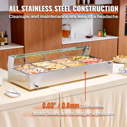 Kommersiell matvärmare med 8 pannor, elektriskt ångbord med 8 x 8QT och glaslock, 1700W bänkskiva i rostfritt stål, buffé med vattenbad, temperaturkontroll för catering och restauranger, silver