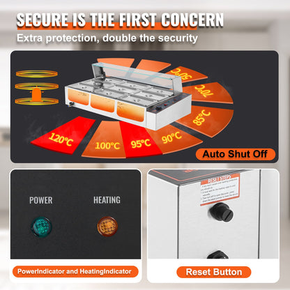 Kommersiell matvärmare med 9 pannor, elektriskt ångbord med 9 x 5QT och glaslock, 1500W bänkskiva i rostfritt stål, buffé med vattenbad, temperaturkontroll för catering och restauranger, silver