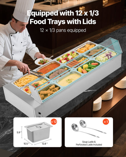 Kommersiell matvärmare, 1700W elektrisk ångvärmare i rostfritt stål med glaslock, bänkskiva med 12 bänkskivor, buffé med vattenbad, soppa och perforerade slevar, för catering, restaurang och fester