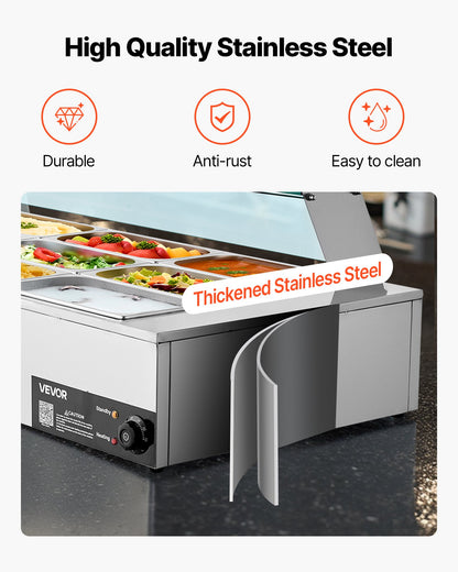 Kommersiell matvärmare, 1700W elektrisk ångvärmare i rostfritt stål med glaslock, bänkskiva med 12 bänkskivor, buffé med vattenbad, soppa och perforerade slevar, för catering, restaurang och fester