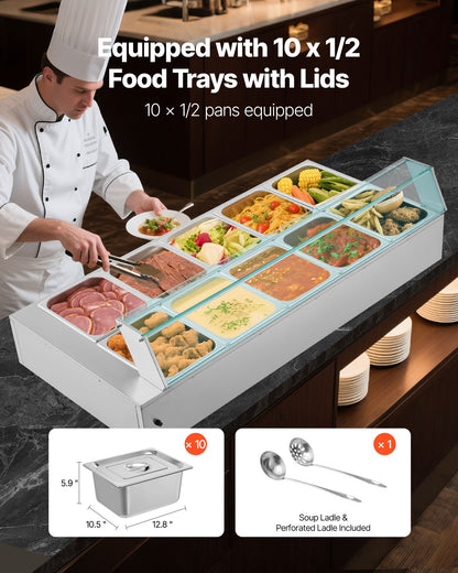 Kommersiell matvärmare, 1700W elektrisk ångvärmare i rostfritt stål med glaslock, bänkskiva med 10 bänkskivor, buffé med vattenbad, soppa och perforerade slevar, för catering, restaurang och fester