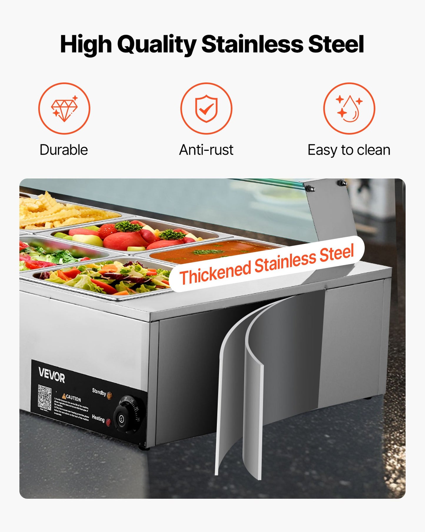 Kommersiell matvärmare, 1700W elektrisk ångvärmare i rostfritt stål med glaslock, bänkskiva med 10 bänkskivor, buffé med vattenbad, soppa och perforerade slevar, för catering, restaurang och fester