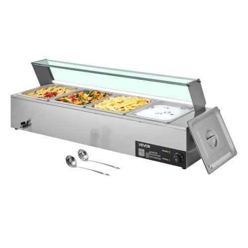 Kommersiell matvärmare, 1500W elektrisk ångvärmare i rostfritt stål med glaslock, bänkskiva med 4 bänkskivor, buffé med vattenbad, soppa och perforerade slevar, för catering, restaurang och fester