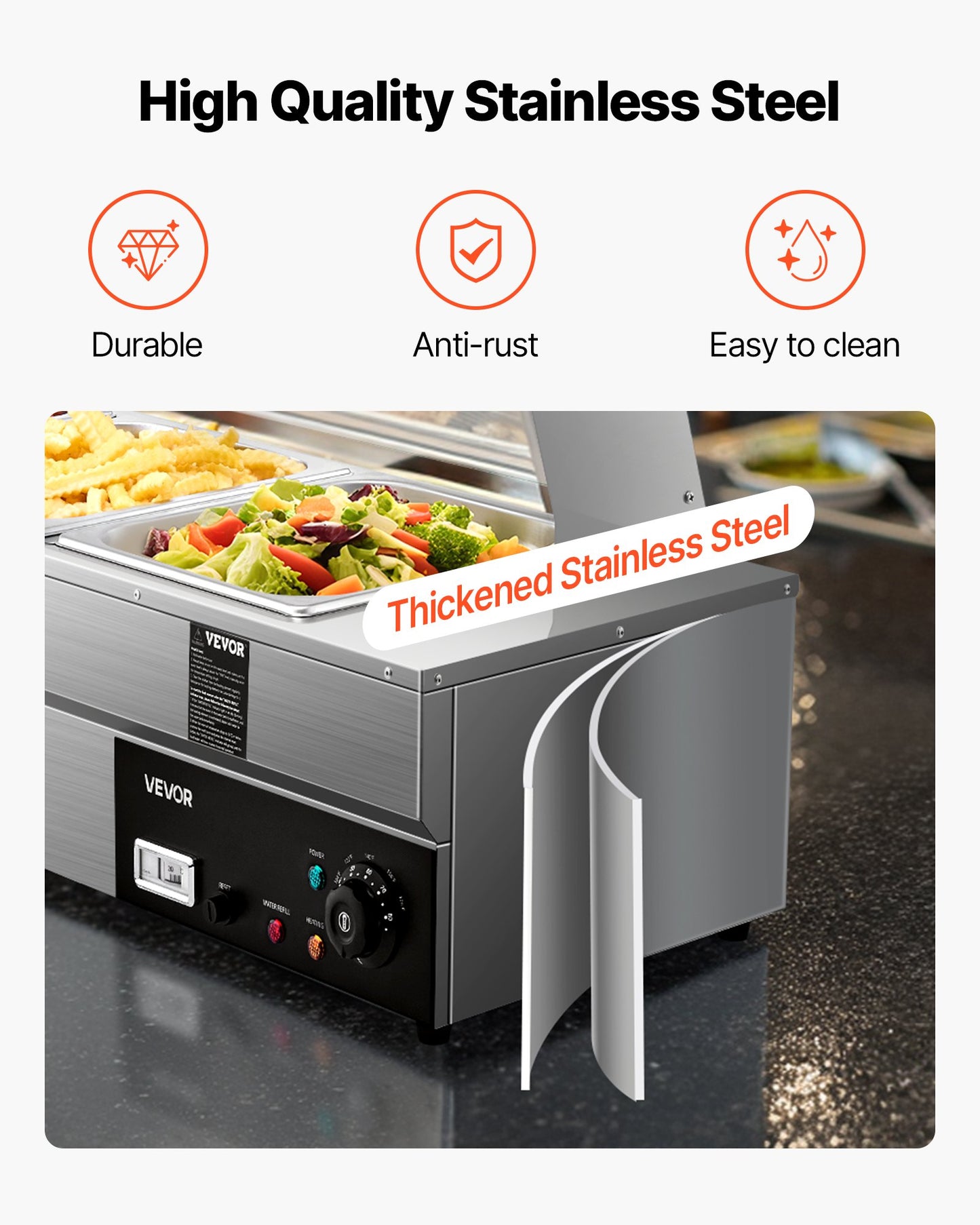 Kommersiell matvärmare, elektriskt ångbord med 5 pannor och glaslock, 1500W bänkskiva i rostfritt stål med buffévattenbad och temperaturkontroll på 30–85 °C för catering, bufféer, fester och restauranger