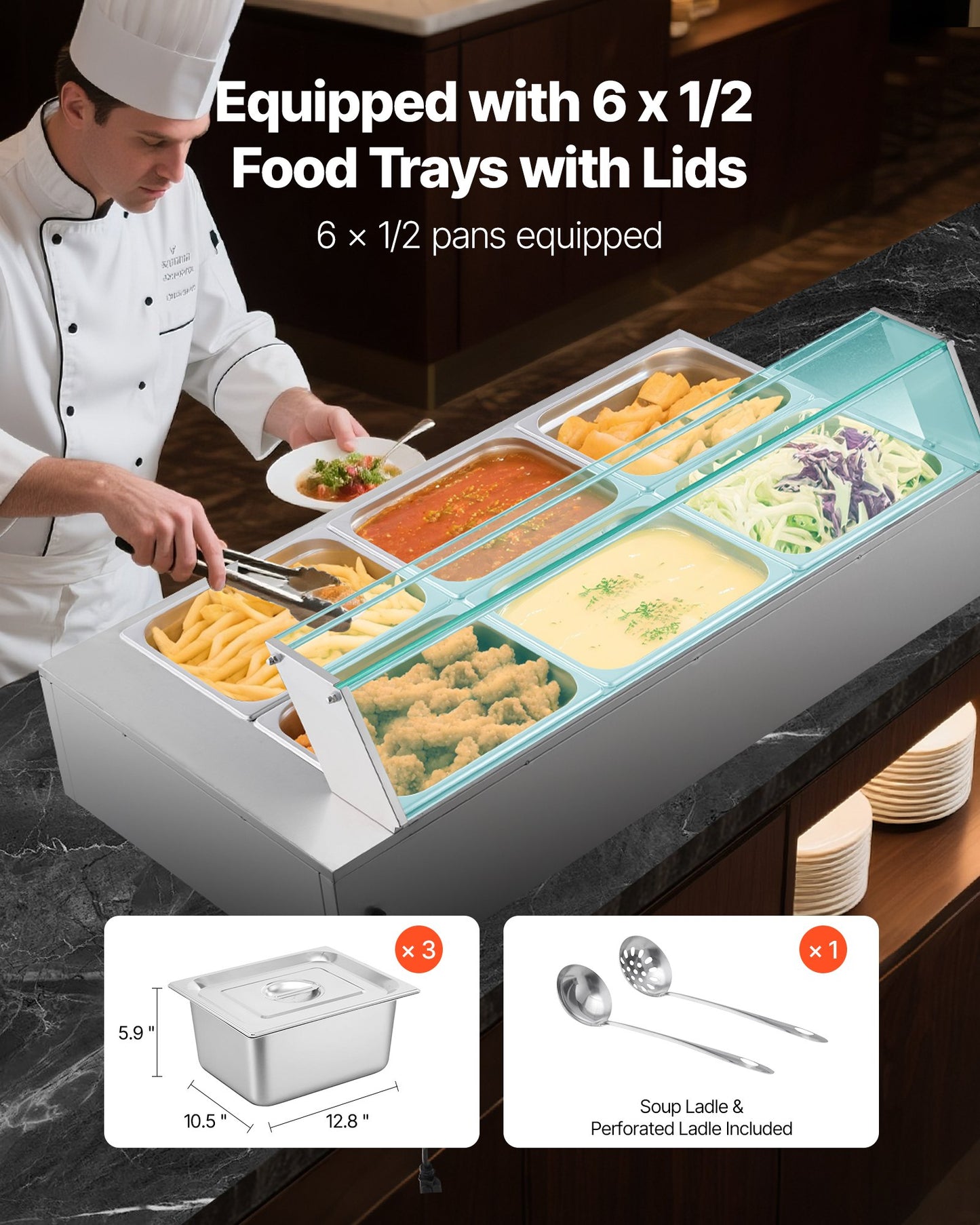 Kommersiell matvärmare, 1500W elektrisk ångvärmare i rostfritt stål med glaslock, 6 x 1/2-pannor, buffé, bain-marie med soppa och perforerade slevar, för catering, restaurang och fest