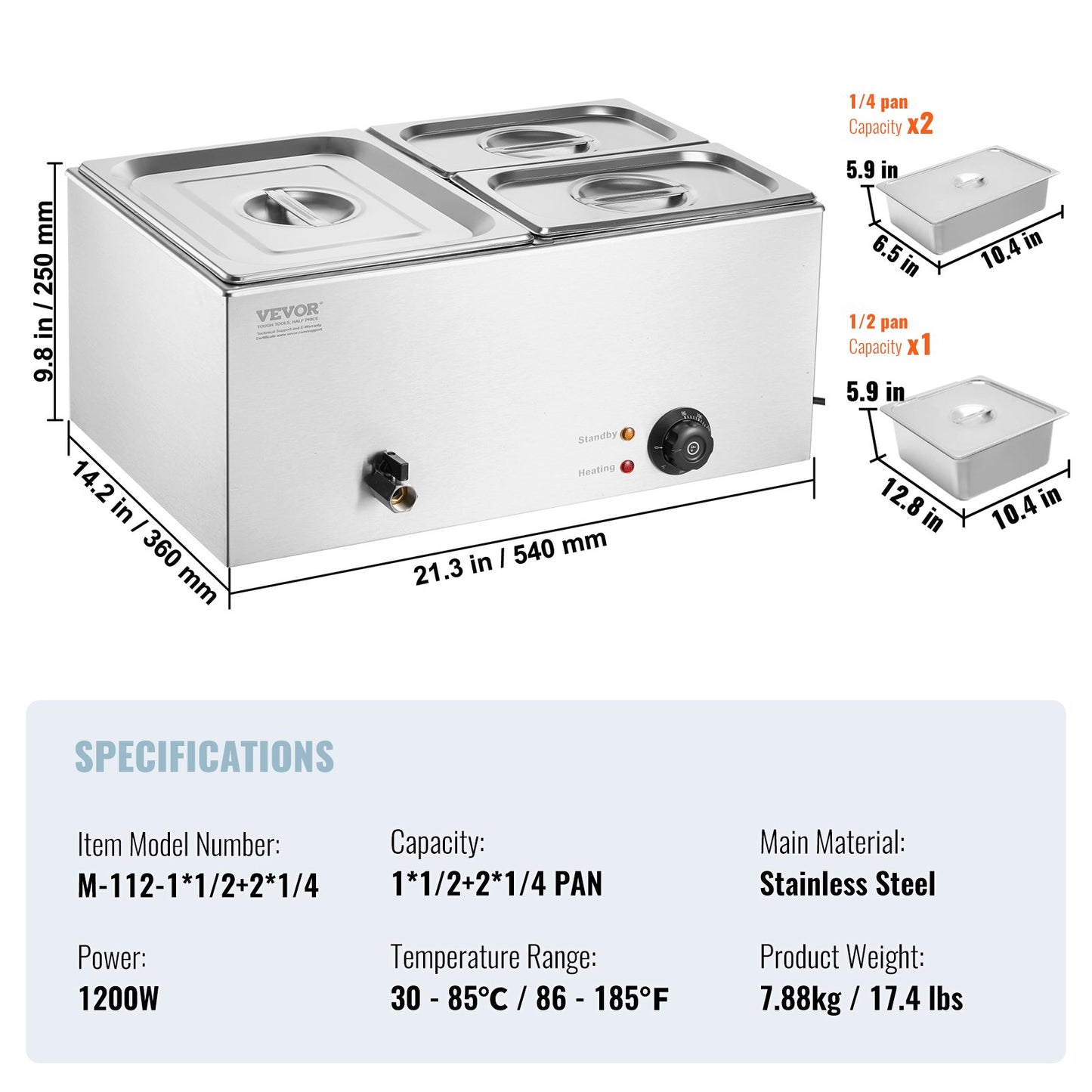 Kommersiell matvärmare, elektriskt ångbord med 3 pannor, 1200W professionell bänkskiva i rostfritt stål med buffévattenbad och temperaturkontroll på 30–85 °C för catering, bufféer, fester och restauranger.
