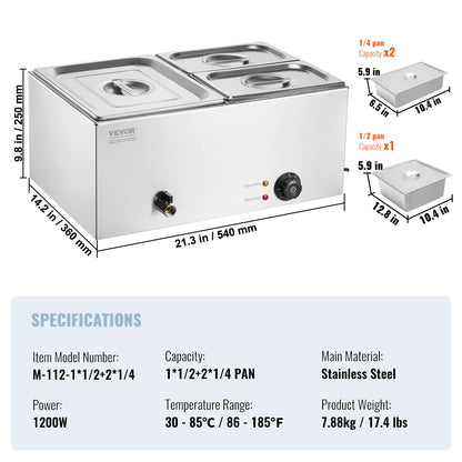 Kommersiell matvärmare, elektriskt ångbord med 3 pannor, 1200W professionell bänkskiva i rostfritt stål med buffévattenbad och temperaturkontroll på 30–85 °C för catering, bufféer, fester och restauranger.
