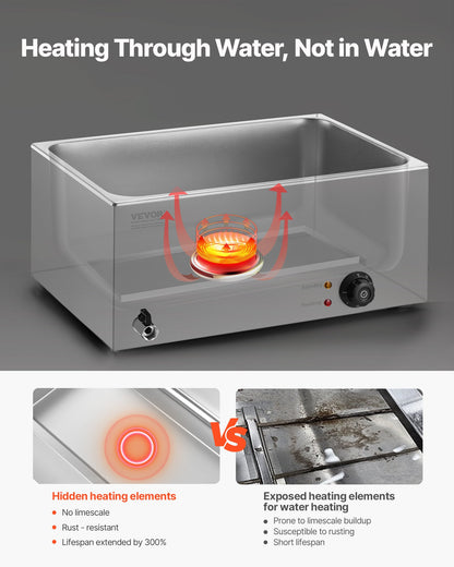 Kommersiell matvärmare, elektriskt ångbord med 4 pannor, 1200W professionell bänkskiva i rostfritt stål med buffévattenbad och temperaturkontroll på 30–85 °C för catering, bufféer, fester och restauranger.