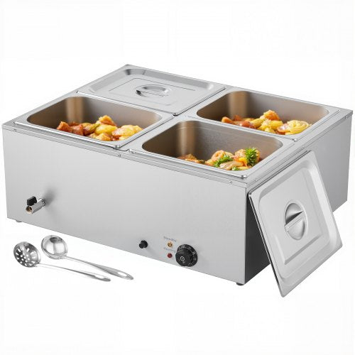 Kommersiell matvärmare, 1500W elektrisk ångvärmare i rostfritt stål med lock, snabbvärmande bänkbuffé med 4 pannor, soppa och perforerade slevar, för catering, restaurang, fest
