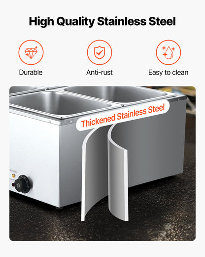 Kommersiell matvärmare, 1500W elektrisk ångvärmare i rostfritt stål med lock, snabbvärmande bänkbuffé med 4 pannor, soppa och perforerade slevar, för catering, restaurang, fest