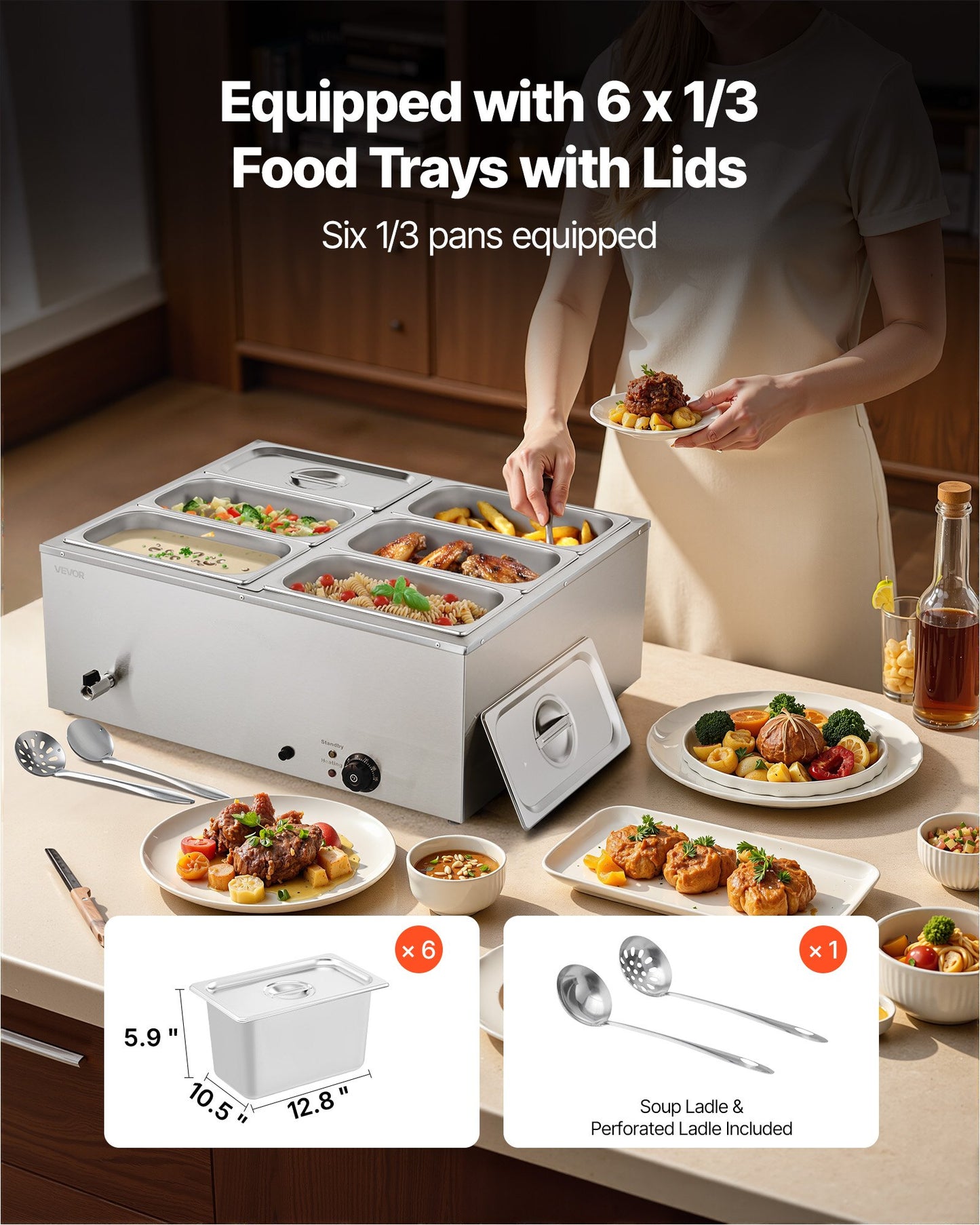 Kommersiell matvärmare, 1500W elektrisk ångvärmare i rostfritt stål med lock, 6-pannors snabbvärmande bänkbuffé med bain-marie, soppa och perforerade slevar, för catering, restaurang, fest