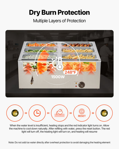 Kommersiell matvärmare, 1500W elektrisk ångvärmare i rostfritt stål med lock, 6-pannors snabbvärmande bänkbuffé med bain-marie, soppa och perforerade slevar, för catering, restaurang, fest