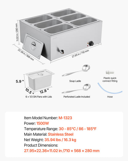 Kommersiell matvärmare, 1500W elektrisk ångvärmare i rostfritt stål med lock, 6-pannors snabbvärmande bänkbuffé med bain-marie, soppa och perforerade slevar, för catering, restaurang, fest