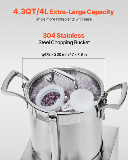 Matberedare och grönsakshackare, 4L matberedare i rostfritt stål av livsmedelskvalitet med 2 extra S-kurvade blad, perfekt för att hacka grönsaker, frukt, spannmål, nötter