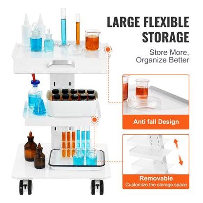Labbvagn, 3-lagers rullande labvagn, mobil vagn i metall med svängbara hjul, rullande klinikvagn med bricka, viktkapacitet 100 kg, för labb, klinik, skönhetssalong och salong