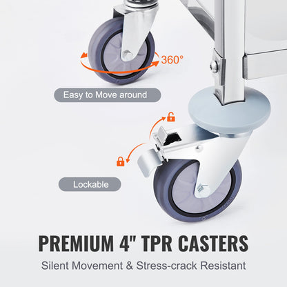 Vagn i rostfritt stål, 3-lagers labbvagn, 181,4 kg viktkapacitet, medicinsk vagn med låsbara universalhjul, för labb, klinik, kök, salong